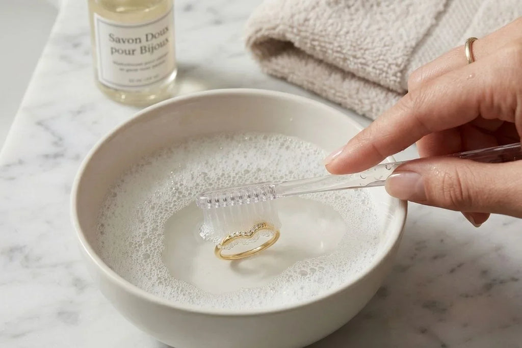 Cleaning a diamond ring with a soft toothbrush and soapy water