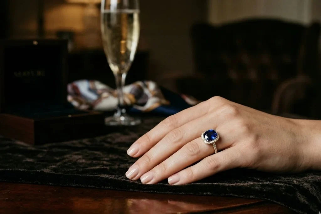 Deep blue cushion-cut sapphire ring surrounded by diamonds, worn on the ring finger