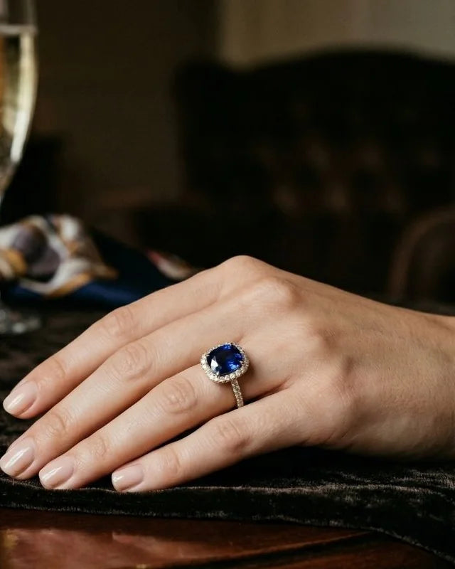 Deep blue cushion-cut sapphire ring surrounded by diamonds, worn on the ring finger