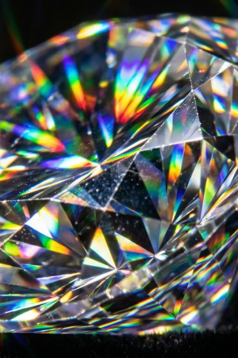 Macro shot of a diamond's facets, revealing light dispersion and prismatic fire