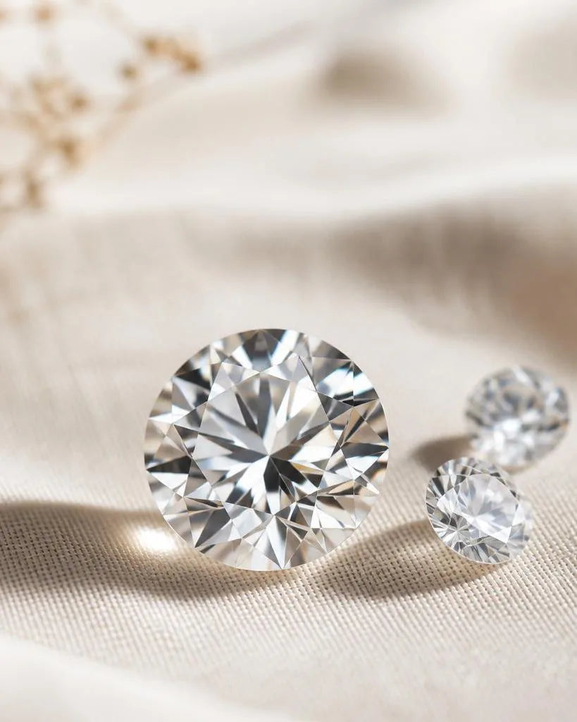 Brilliant cut diamond of 1 carat alongside smaller diamonds on cream linen