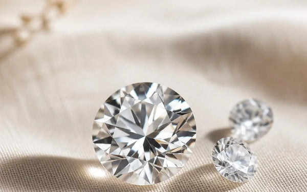 Brilliant cut diamond of 1 carat alongside smaller diamonds on cream linen