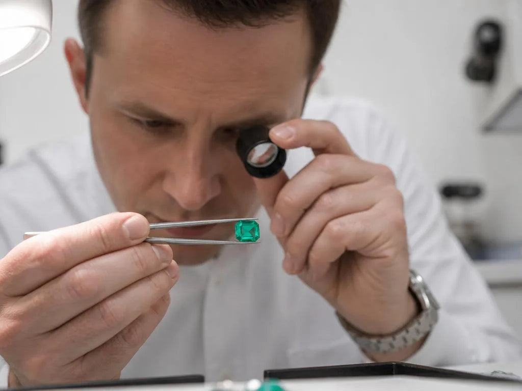 A professional gemologist examining a faceted natural emerald under a loupe with tweezers in a laboratory setting