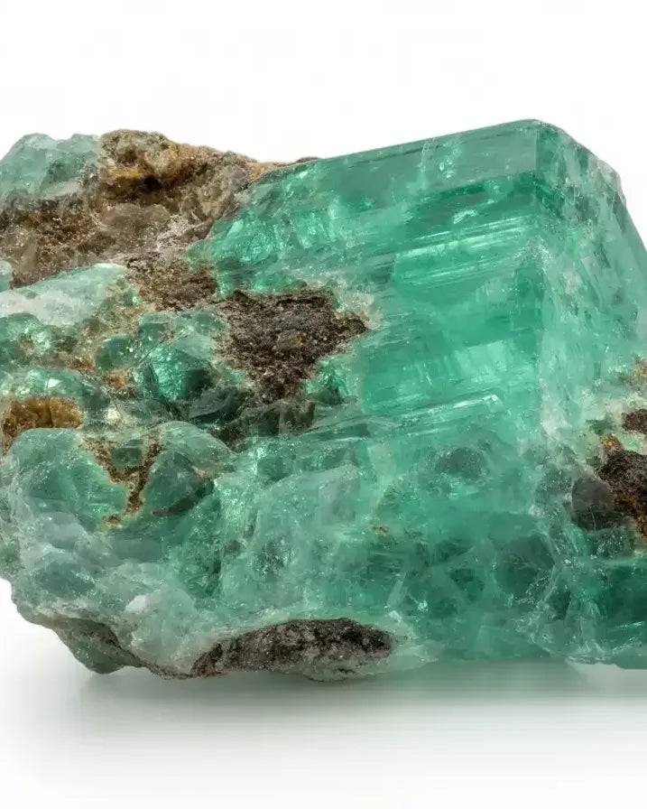 Raw natural emerald crystal on matrix, showcasing its saturated green colour and characteristic inclusions