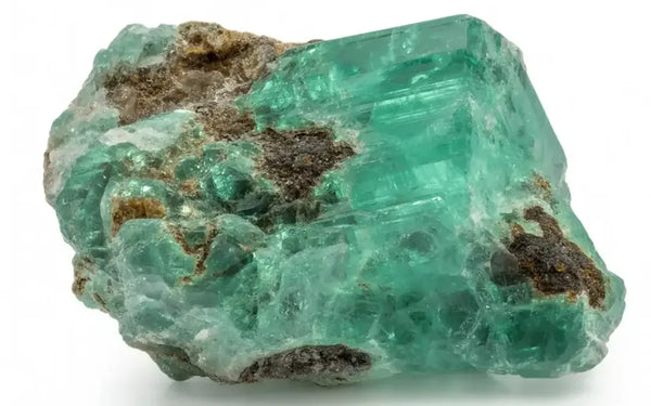 Raw natural emerald crystal on matrix, showcasing its saturated green colour and characteristic inclusions