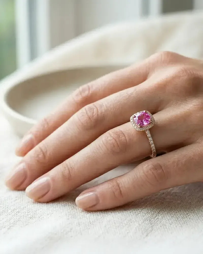 Pink sapphire and diamond engagement ring in 18K white gold worn on finger by Mayuri