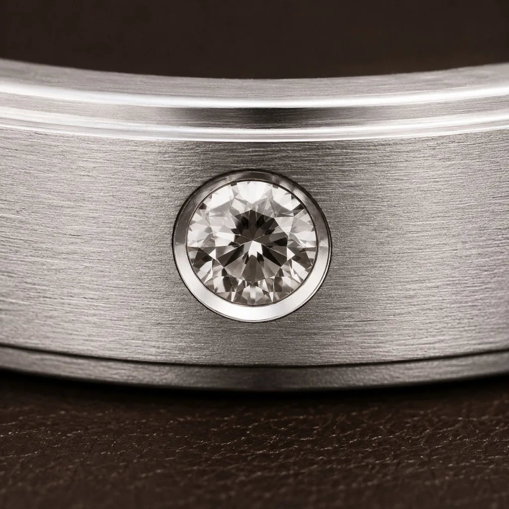 Macro shot of the Dhruva diamond wedding ring, bezel set in brushed 18K white gold