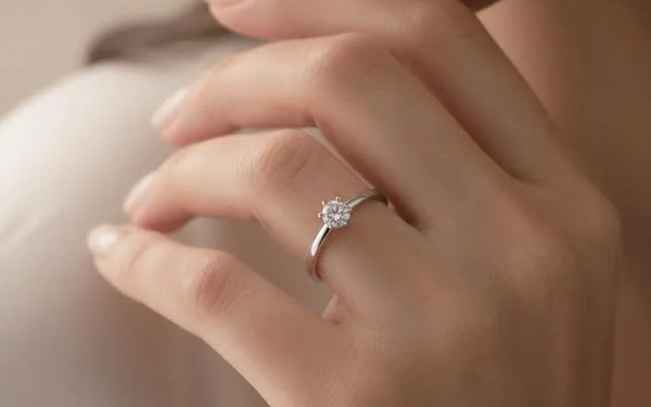 18K white gold diamond solitaire ring worn elegantly on a woman's hand