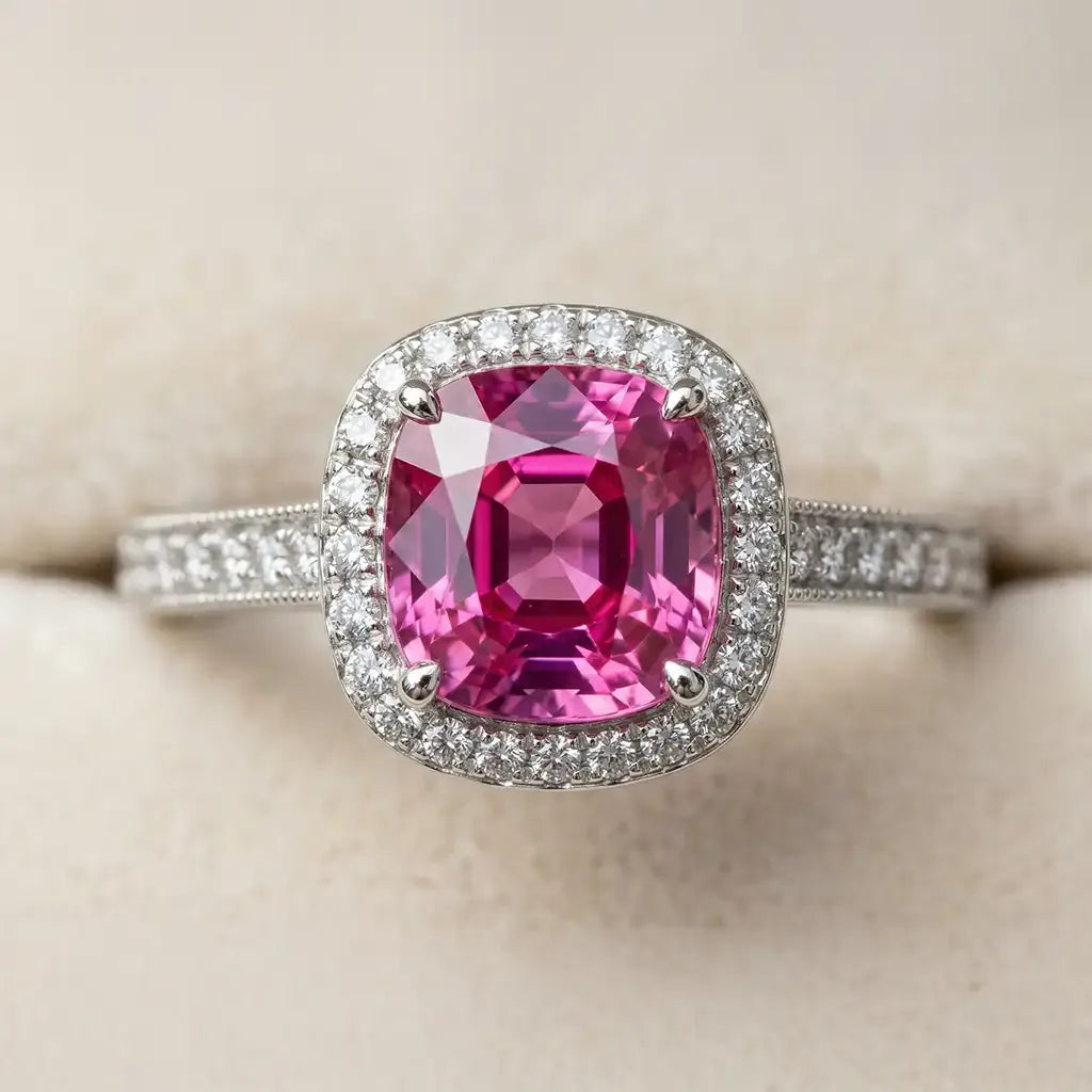 Natural cushion-cut pink sapphire ring with a diamond halo in white gold