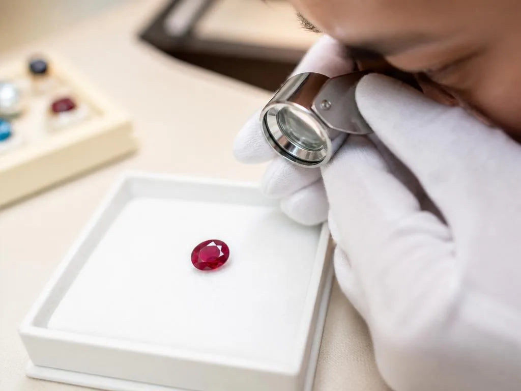 Examination of a ruby under a jeweller's loupe on a professional inspection tray
