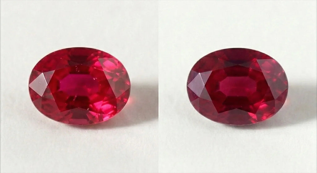 Natural rubies from Burma and Mozambique compared side by side on a neutral background