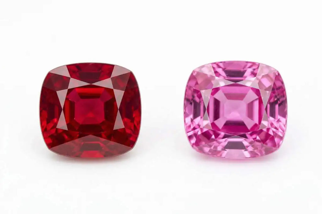 Side-by-side comparison of intense red ruby and pink sapphire, two corundums from the same mineralogical family