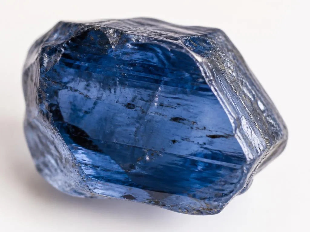 Raw blue sapphire crystal displaying characteristic natural inclusions