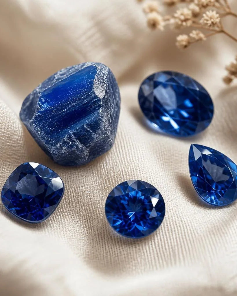 Loose blue sapphires: a rough crystal and faceted stones on cream linen