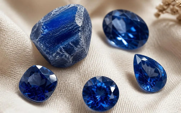 Loose blue sapphires: a rough crystal and faceted stones on cream linen