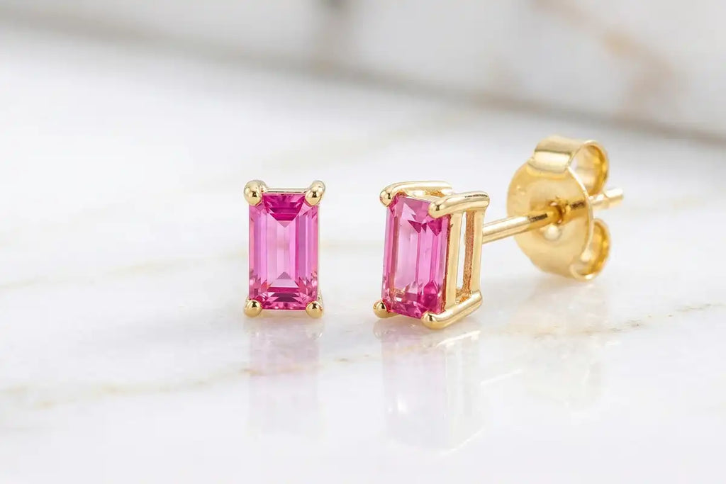 Pink sapphire baguette cut earrings in 18K yellow gold by Mayuri, bespoke fine jewellery