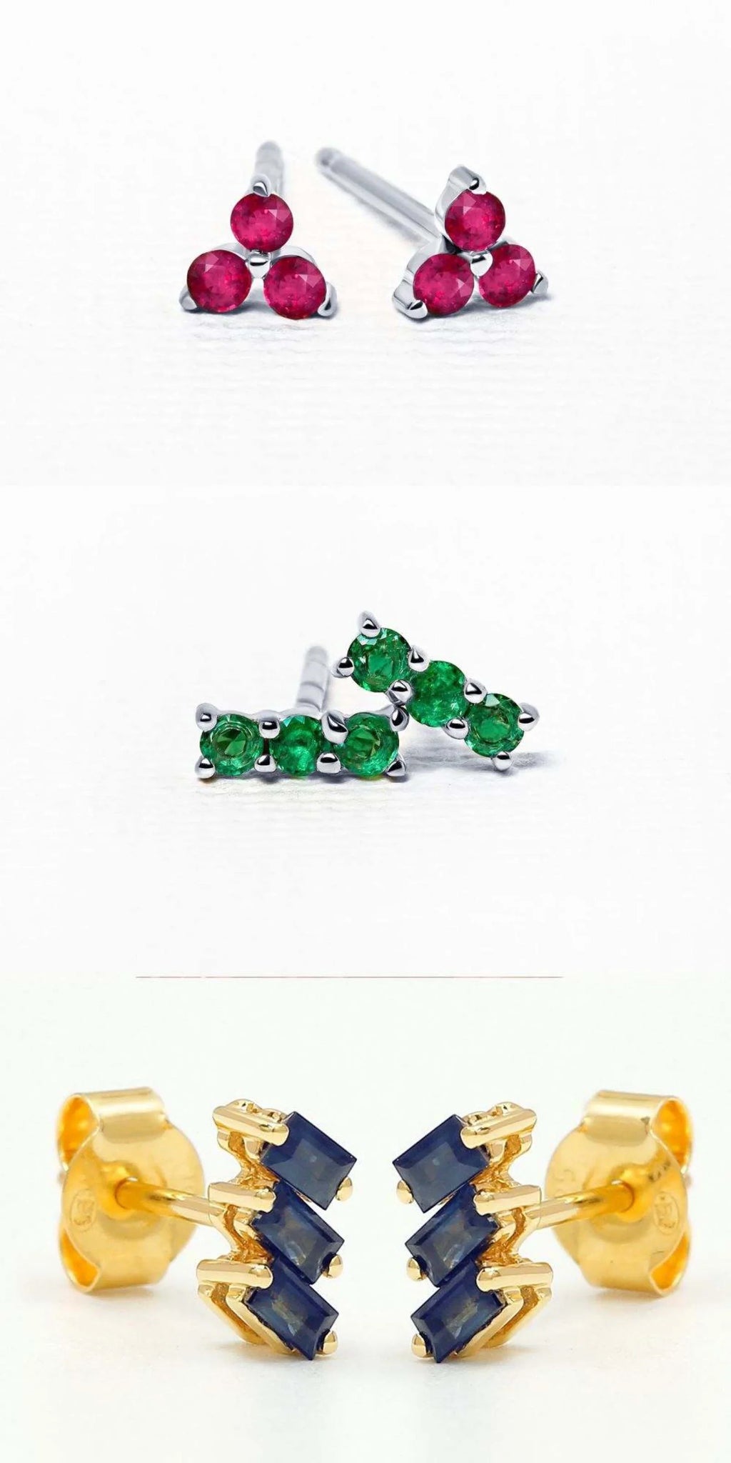 Stud earrings in ruby, emerald and sapphire, illustrating different stone sizes