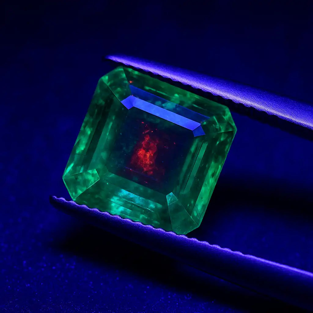 UV fluorescence test on a natural emerald under a 365nm ultraviolet lamp